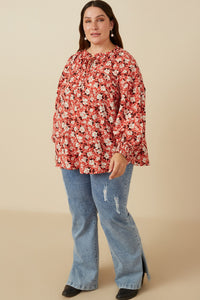 HY7717 Rust Womens Ditsy Floral Ruffle Detail Smocked Cuff Top Full Body