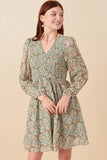 HY7718W Sage Plus Floral Print Smocked Panel V Neck Mini Dress Pose