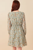 HY7718 Sage Womens Floral Print Smocked Panel V Neck Mini Dress Detail