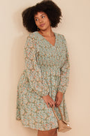 HY7718 Sage Womens Floral Print Smocked Panel V Neck Mini Dress Front