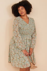 HY7718 Sage Womens Floral Print Smocked Panel V Neck Mini Dress Front