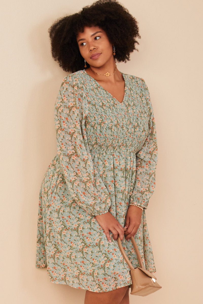 Floral Print Smocked Panel V Neck Mini Dress