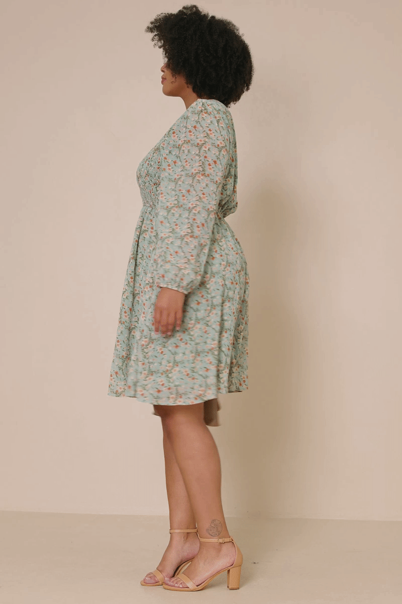 HY7718 Sage Womens Floral Print Smocked Panel V Neck Mini Dress Back