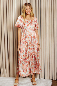 HY7728 Taupe Womens Faded Floral Square Neck Puff Sleeve Satin Dress Full Body