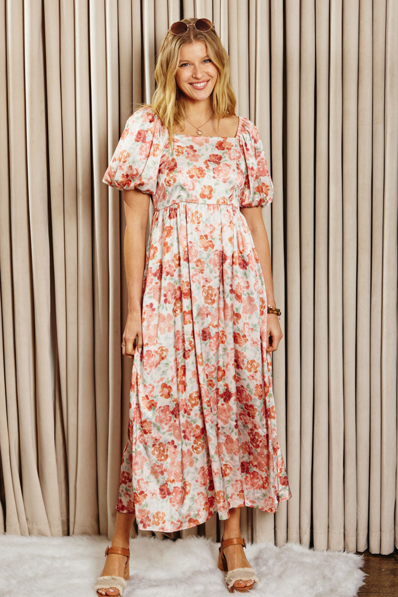 Faded Floral Square Neck Puff Sleeve Satin Dress