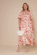 HY7728 Taupe Womens Faded Floral Square Neck Puff Sleeve Satin Dress Back