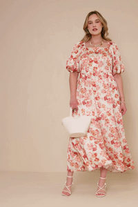 HY7728 Taupe Womens Faded Floral Square Neck Puff Sleeve Satin Dress Back