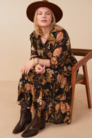 HY7729W Black Plus Romantic Floral Panel Smocked V Neck Dress Pose