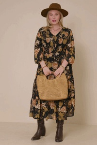 HY7729 Black Womens Romantic Floral Panel Smocked V Neck Dress Full Body