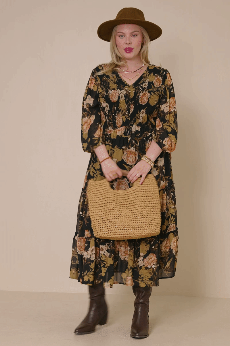 HY7729 Black Womens Romantic Floral Panel Smocked V Neck Dress Full Body