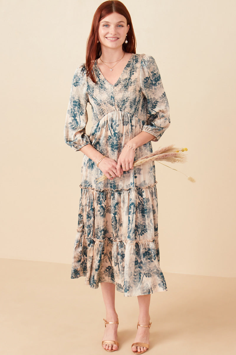 Botanical Panel Smocked V Neck Satin Dress