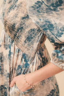 HY7731 Beige Womens Botanical Panel Smocked V Neck Satin Dress Front