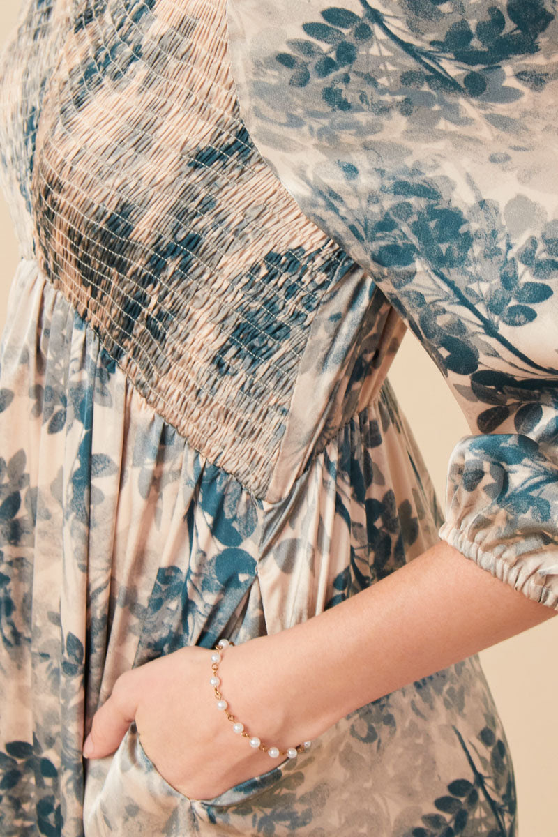 HY7731 Beige Womens Botanical Panel Smocked V Neck Satin Dress Front