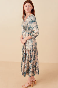 HY7731 Beige Womens Botanical Panel Smocked V Neck Satin Dress Back