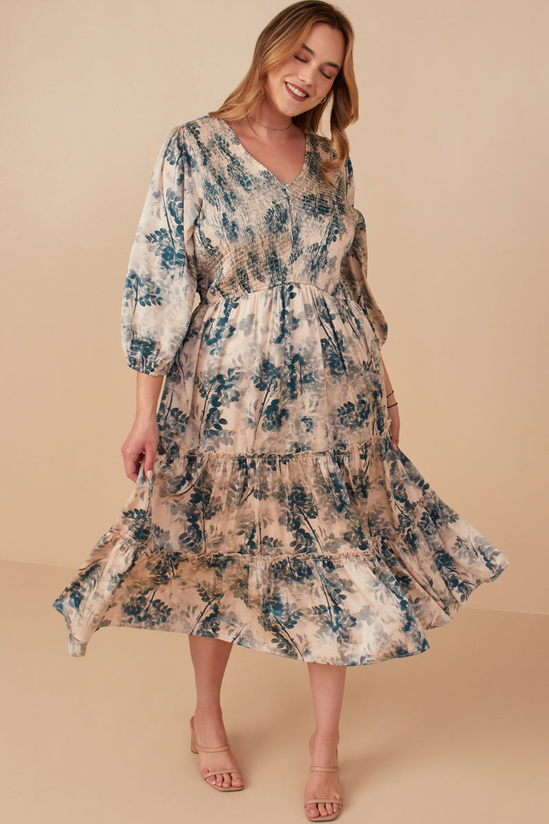 Botanical Panel Smocked V Neck Satin Dress