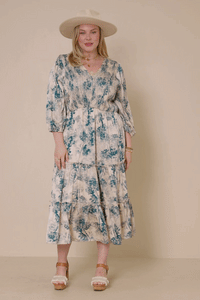 HY7731 Beige Womens Botanical Panel Smocked V Neck Satin Dress Side