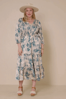 HY7731 Beige Womens Botanical Panel Smocked V Neck Satin Dress Side