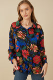 HY7735 Camel Womens Retro Floral Satin Button Down Oversized Shirt Gif