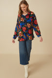 HY7735 Camel Womens Retro Floral Satin Button Down Oversized Shirt Full Body