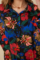 HY7735 Camel Womens Retro Floral Satin Button Down Oversized Shirt Detail