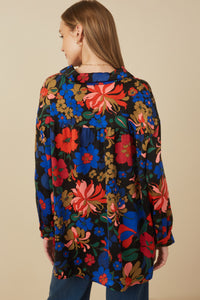 HY7735 Camel Womens Retro Floral Satin Button Down Oversized ShirtBack