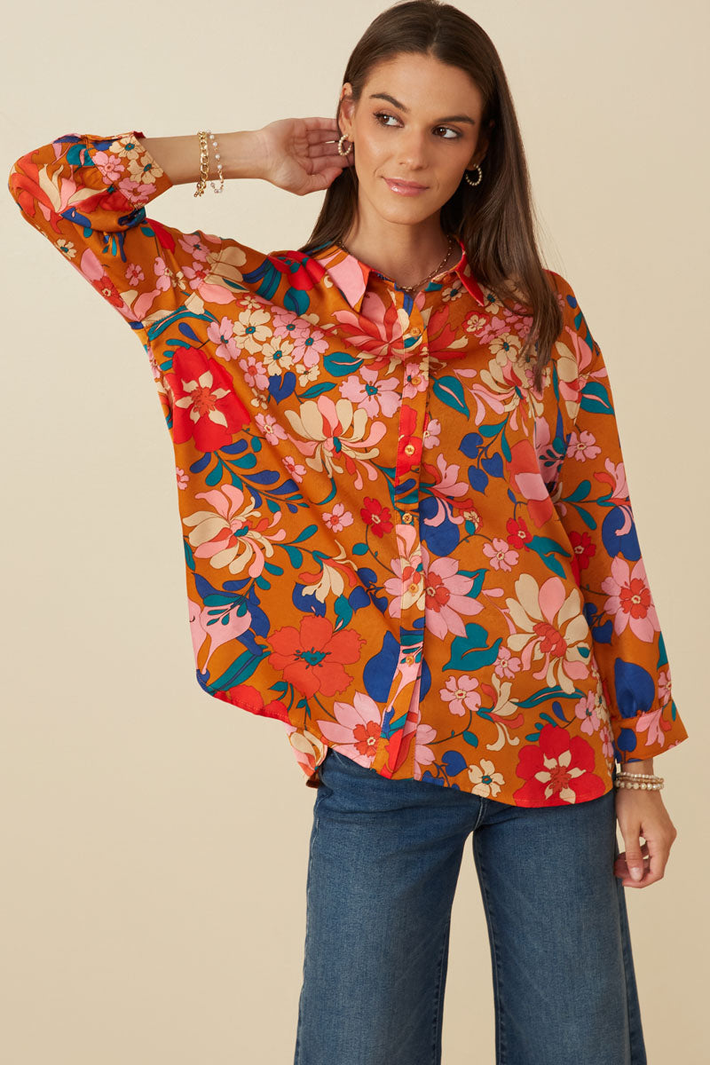 Retro Floral Satin Button Down Oversized Shirt