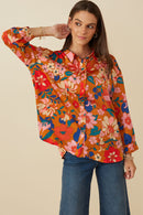 HY7735W Black Plus Retro Floral Satin Button Down Oversized Shirt Front
