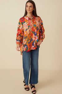HY7735 Black Womens Retro Floral Satin Button Down Oversized Shirt Gif