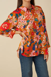 HY7735 Black Womens Retro Floral Satin Button Down Oversized Shirt Full Body