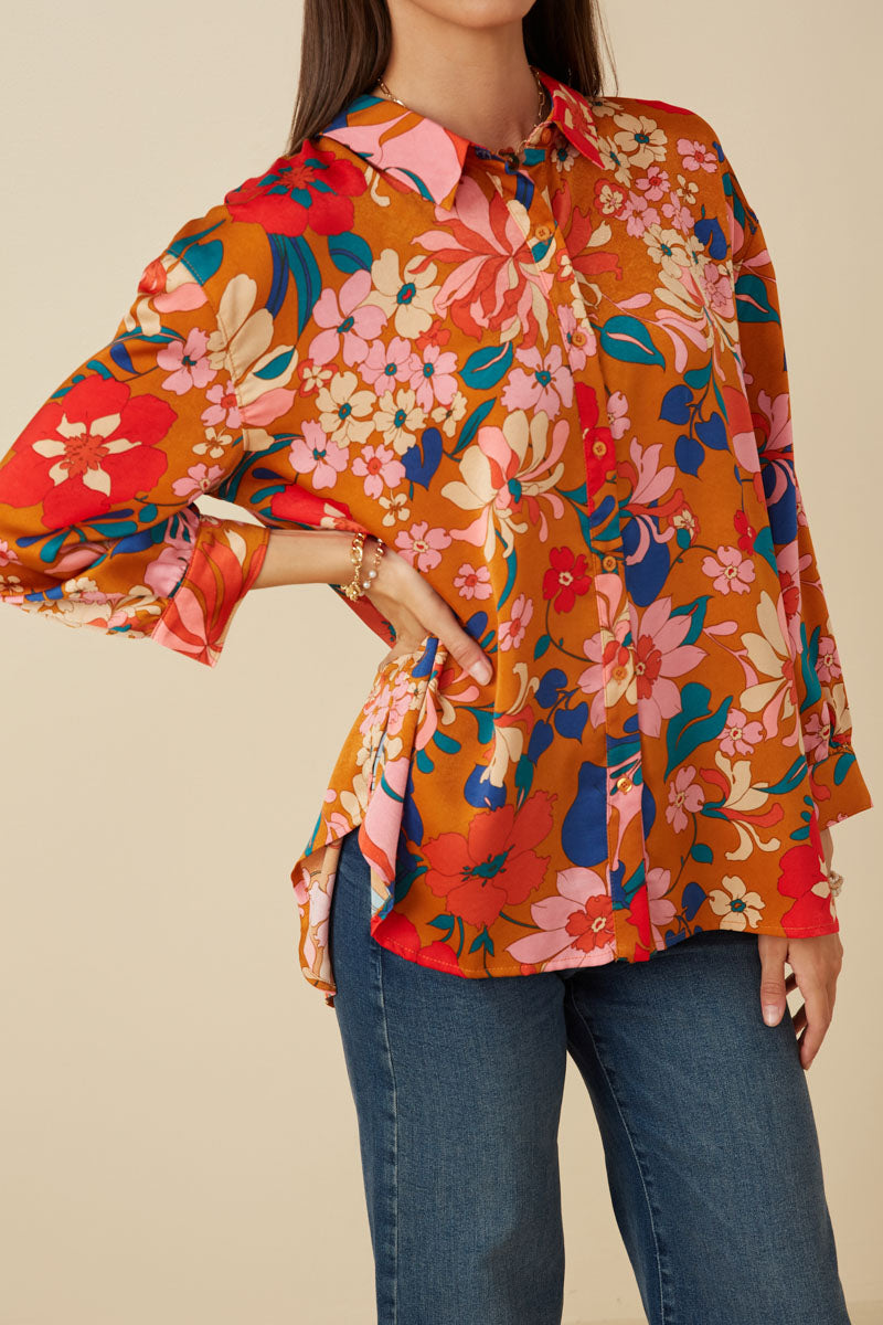 HY7735 Black Womens Retro Floral Satin Button Down Oversized Shirt Full Body