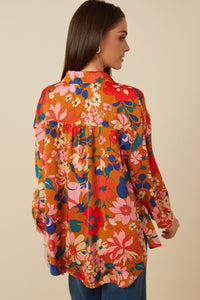 HY7735 Black Womens Retro Floral Satin Button Down Oversized Shirt Detail