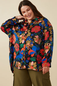 HY7735W Camel Plus Retro Floral Satin Button Down Oversized Shirt Front