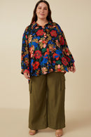 HY7735W Camel Plus Retro Floral Satin Button Down Oversized Shirt Gif