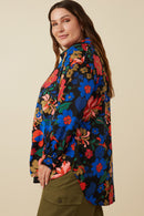 HY7735W Camel Plus Retro Floral Satin Button Down Oversized Shirt Full Body