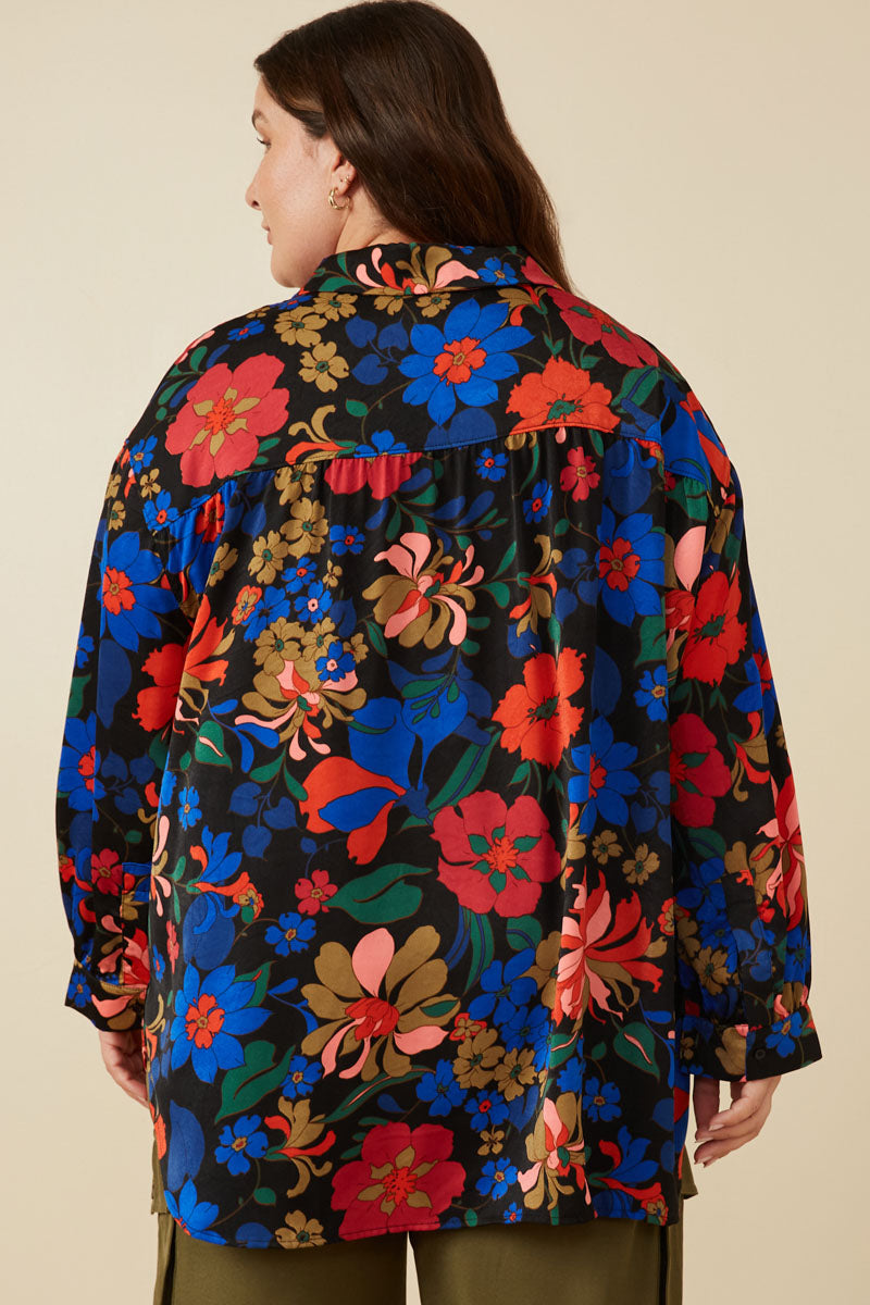 HY7735W Camel Plus Retro Floral Satin Button Down Oversized ShirtSide