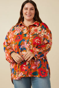 HY7735 Black Womens Retro Floral Satin Button Down Oversized Shirt Front