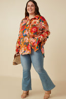 HY7735W Black Plus Retro Floral Satin Button Down Oversized Shirt Gif