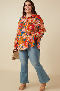 HY7735W Black Plus Retro Floral Satin Button Down Oversized Shirt Gif