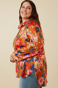 HY7735W Black Plus Retro Floral Satin Button Down Oversized Shirt Full Body