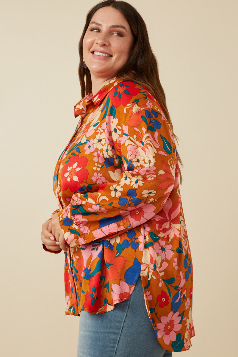 HY7735W Black Plus Retro Floral Satin Button Down Oversized Shirt Full Body