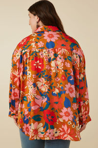 HY7735 Camel Womens Retro Floral Satin Button Down Oversized Shirt Front