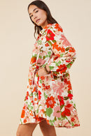 HY7737 Ivory Womens Retro Floral Button Down Tiered Tunic Dress Full Body