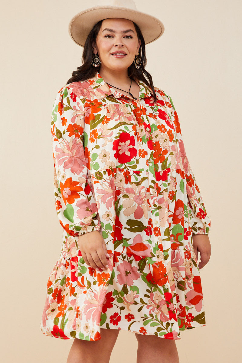 Retro Floral Button Down Tiered Tunic Dress