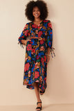 HY7738W Black Plus Retro Floral Tie Sleeve Button Detail Dress Pose