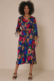 HY7738 Black Womens Retro Floral Tie Sleeve Button Detail Dress Gif