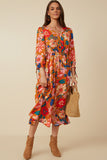 HY7738W Camel Plus Retro Floral Tie Sleeve Button Detail Dress Full Body