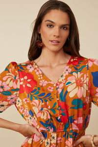 HY7738 Camel Womens Retro Floral Tie Sleeve Button Detail Dress Front