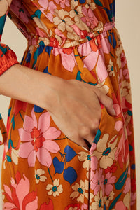 HY7738 Camel Womens Retro Floral Tie Sleeve Button Detail Dress Detail