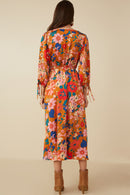HY7738 Camel Womens Retro Floral Tie Sleeve Button Detail Dress Back