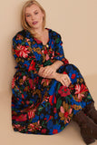 HY7738 Black Womens Retro Floral Tie Sleeve Button Detail Dress Full Body